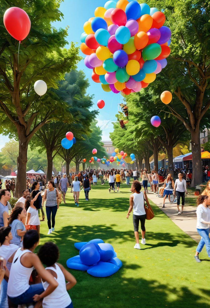 A vibrant scene of diverse people engaging in joyful activities, surrounded by colorful, abstract creative visuals like floating balloons and artistic murals, all showcasing expressions of happiness and connection. The setting is a sunny park filled with greenery, laughter, and an inviting atmosphere. super-realistic. bright colors. 3D.