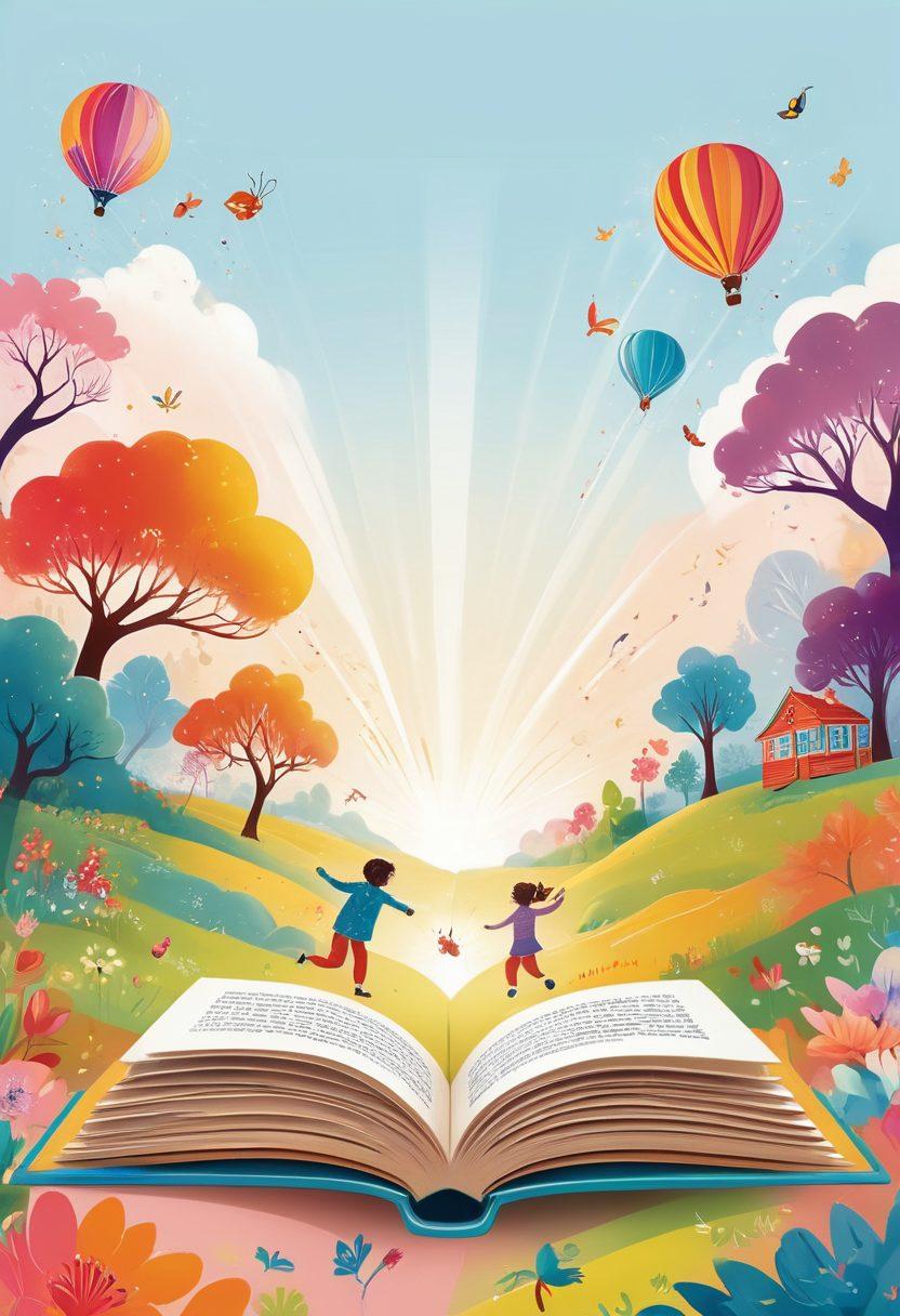 A whimsical illustration depicting a vibrant open book with colorful illustrations springing to life, showcasing joyful characters and scenes (like laughing children, dancing animals, and bright landscapes) that visually demonstrate the power of storytelling. Surrounding the book, soft light beams radiate, symbolizing inspiration and creativity in narratives. The background should be filled with pastel hues and playful, dreamlike elements. vector art. vibrant colors. white background.