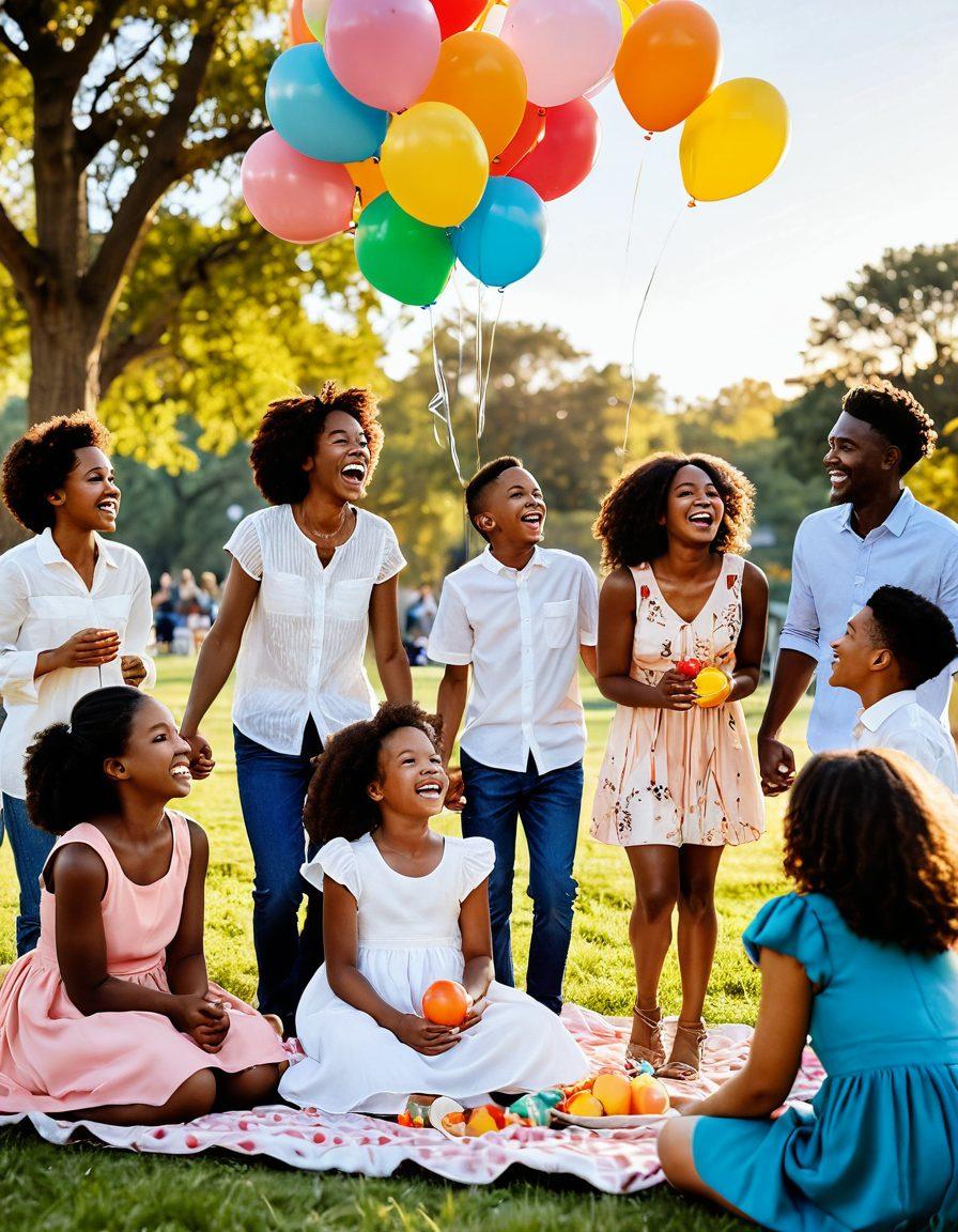 A vibrant collage of diverse people experiencing joy: laughing children playing in a sunlit park, a couple sharing a joyful moment at a wedding, and friends enjoying a picnic under colorful balloons. The background features a radiant sunset symbolizing warmth and happiness. Emphasize smiles and candid moments to evoke a sense of community and storytelling. super-realistic. vibrant colors. white background.